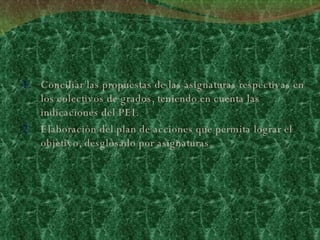 Conciliar las propuestas de las asignaturas respectivas en los colectivos de grados, teniendo en cuenta las indicaciones del PEI.  Elaboración del plan de acciones que permita lograr el objetivo, desglosado por asignaturas. 