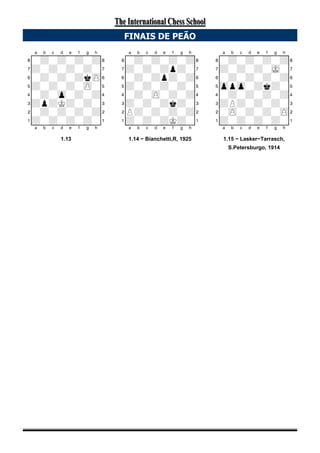 XABCDEFGHY
8-+-+-+-+(
7+-+-+-+-'
6-+-+-+kzP&
5+-+-+-zP-%
4-+-zp-+-+$
3+p+K+-+-#
2-+-+-+-+"
1+-+-+-+-!
xabcdefghy
1.13
FINAIS DE PEÃO
The International Chess SchoolThe International Chess School
XABCDEFGHY
8-+-+-+-+(
7+-+-+p+-'
6-+-+p+-+&
5+-+-+-+-%
4-+-zP-+-+$
3+-+-+k+-#
2P+-+-+-+"
1+-+-+K+-!
xabcdefghy
1.14 − Bianchetti,R, 1925
XABCDEFGHY
8-+-+-+-+(
7+-+-+-mK-'
6-+-+-+-+&
5zppzp-+k+-%
4-+-+-+-+$
3+P+-+-+-#
2-zP-+-+-zP"
1+-+-+-+-!
xabcdefghy
1.15 − Lasker−Tarrasch,
S.Petersburgo, 1914
 