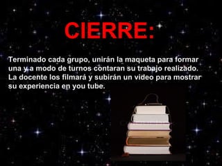 CIERRE:
Terminado cada grupo, unirán la maqueta para formar
una y a modo de turnos contaran su trabajo realizado.
La docente los filmará y subirán un video para mostrar
su experiencia en you tube.
 