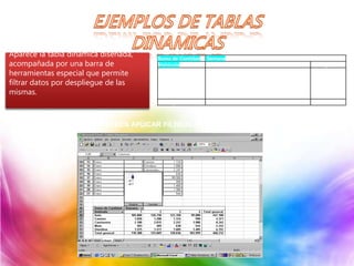 Aparece la tabla dinámica diseñada,
acompañada por una barra de
herramientas especial que permite
filtrar datos por despliegue de las
mismas.
Suma de Cantidad Semana
Vehículo 1 2 3 4 Total general
Auto 105.000 120.750 122.350 99.000 447.100
Camión 1.050 1.208 1.124 990 4.371
Camioneta 2.100 2.015 2.247 1.980 8.342
Moto 583 485 630 544 2.242
Ómnibus 1.575 1.411 1.685 1.485 6.157
Total general 110.308 125.869 128.036 103.999 468.212
SE PUEDEN APLICAR FILTROS A LA TABLA
 