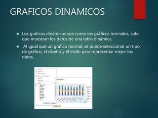 GRAFICOS DINAMICOS
 Los gráficos dinámicos son como los gráficos normales, solo
que muestran los datos de una tabla dinámica.
 Al igual que un gráfico normal, se puede seleccionar un tipo
de gráfico, el diseño y el estilo para representar mejor los
datos.
 