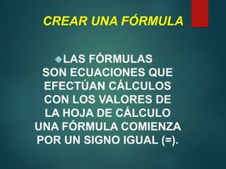 CREAR UNA FÓRMULA
LAS FÓRMULAS
SON ECUACIONES QUE
EFECTÚAN CÁLCULOS
CON LOS VALORES DE
LA HOJA DE CÁLCULO
UNA FÓRMULA COMIENZA
POR UN SIGNO IGUAL (=).
 