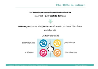 The ICTs in culture
The technological revolution-democratization ICTs
Internet + new mobile devices
new ways of consuming culture and also to produce, distribute
and share it.
production
distribution
consumption
diffusion
Culture Industry
Postgraduate Diploma in Management and International Cultural Co-operation Diana Pinos @psydiana
 