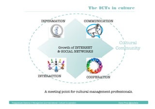 Growth of INTERNET
& SOCIAL NETWORKS
INFORMATION COMMUNICATION
COOPERATIONINTERACTION
A meeting point for cultural management professionals.
Cultural 
Community
The ICTs in culture
Postgraduate Diploma in Management and International Cultural Co-operation Diana Pinos @psydiana
 