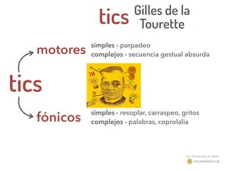 tics Gilles de la
Tourette
motores
tics
fónicos
simples - parpadeo
complejos - secuencia gestual absurda
simples - resoplar, carraspeo, gritos
complejos - palabras, coprolalia
 