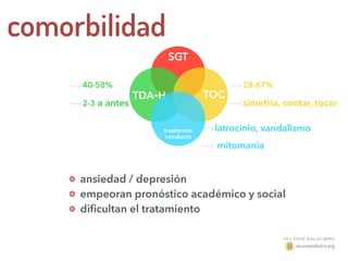 SGT
TDA-H TOC
trastornos
conducta
40-50%
2-3 a antes
28-67%
simetría, contar, tocar
latrocinio, vandalismo
mitomanía
ansiedad / depresión
empeoran pronóstico académico y social
diﬁcultan el tratamiento
comorbilidad
 