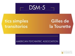 - aparecen varias veces al día casi diariamente
- causa
incomodidad importante
afectación signiﬁcativa social / ocupacional / otras áreas
- inicio antes de los 18 años
- no se debe a una sustancia o enfermedad
tics simples
transitorios
Gilles de
la Tourette
 