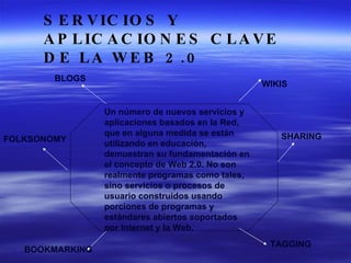 SERVICIOS Y APLICACIONES CLAVE DE LA WEB 2.0  Un número de nuevos servicios y aplicaciones basados en la Red, que en alguna medida se están utilizando en educación, demuestran su fundamentación en el concepto de Web 2.0. No son realmente programas como tales, sino servicios o procesos de usuario construidos usando porciones de programas y estándares abiertos soportados por Internet y la Web.  BLOGS   WIKIS BOOKMARKING TAGGING   FOLKSONOMY   SHARING   