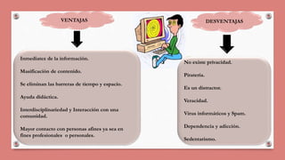 VENTAJAS DESVENTAJAS 
Inmediatez de la información. 
Masificación de contenido. 
Se eliminan las barreras de tiempo y espacio. 
Ayuda didáctica. 
Interdisciplinariedad y Interacción con una 
comunidad. 
Mayor contacto con personas afines ya sea en 
fines profesionales o personales. 
No existe privacidad. 
Piratería. 
Es un distractor. 
Veracidad. 
Virus informáticos y Spam. 
Dependencia y adicción. 
Sedentarismo. 
 