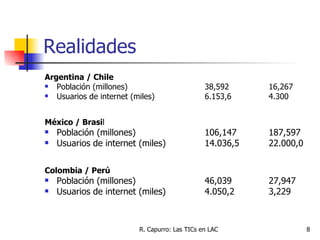 Realidades <ul><li>Argentina / Chile </li></ul><ul><li>Población (millones)  38,592 16,267 </li></ul><ul><li>Usuarios de i...