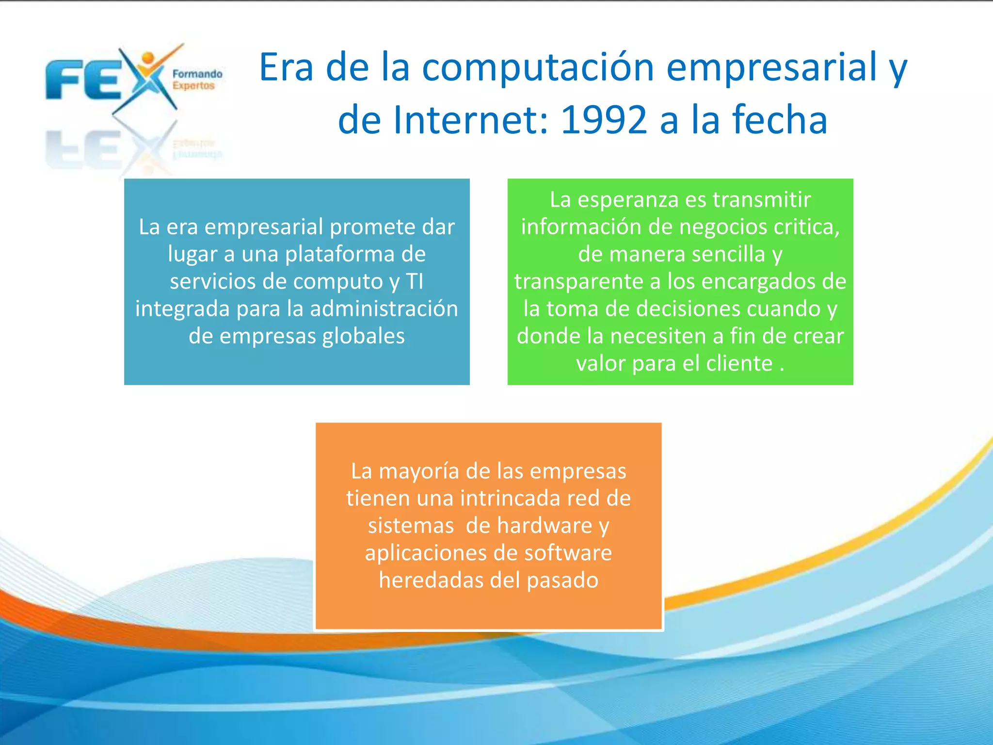 Era de la computación empresarial y
de Internet: 1992 a la fecha
La era empresarial promete dar
lugar a una plataforma de
servicios de computo y TI
integrada para la administración
de empresas globales
La esperanza es transmitir
información de negocios critica,
de manera sencilla y
transparente a los encargados de
la toma de decisiones cuando y
donde la necesiten a fin de crear
valor para el cliente .
La mayoría de las empresas
tienen una intrincada red de
sistemas de hardware y
aplicaciones de software
heredadas del pasado
 
