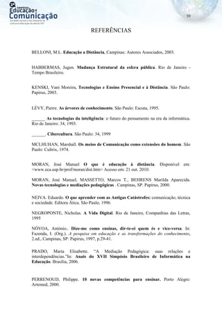 10
REFERÊNCIAS
BELLONI, M.L. Educação a Distância, Campinas: Autores Associados, 2003.
HABBERMAS, Jugen. Mudança Estrutural da esfera pública. Rio de Janeiro -
Tempo Brasileiro.
KENSKI, Vani Moreira, Tecnologias e Ensino Presencial e à Distância. São Paulo:
Papirus, 2003.
LÉVY, Pierre. As árvores de conhecimento. São Paulo: Escuta, 1995.
______ As tecnologias da inteligência: o futuro do pensamento na era da informática.
Rio de Janeiro: 34, 1993.
______. Cibercultura. São Paulo: 34, 1999
MCLHUHAN, Marshall. Os meios de Comunicação como extensões do homem. São
Paulo: Cultrix, 1974.
MORAN, José Manuel O que é educação à distância. Disponível em:
<www.eca.usp.br/prof/moran/dist.htm> Acesso em: 21 out. 2010.
MORAN, José Manuel, MASSETTO, Marcos T., BEHRENS Marilda Aparecida.
Novas tecnologias e mediações pedagógicas . Campinas, SP. Papirus, 2000.
NEIVA. Eduardo. O que aprender com as Antigas Catástrofes: comunicação, técnica
e sociedade. Editora Ática. São Paulo, 1996.
NEGROPONTE, Nicholas. A Vida Digital. Rio de Janeiro, Companhias das Letras,
1995
NÓVOA, António.. Dize-me como ensinas, dir-te-ei quem és e vice-versa. In:
Fazenda, I. (Org.). A pesquisa em educação e as transformações do conhecimento,
2.ed., Campinas, SP: Papirus, 1997, p.29-41.
PRADO, Maria Elisabette. “A Mediação Pedagógica: suas relações e
interdependências.”In: Anais do XVII Simpósio Brasileiro de Informática na
Educação. Brasília, 2006.
PERRENOUD, Philippe. 10 novas competências para ensinar. Porto Alegre:
Artemed, 2000.
 