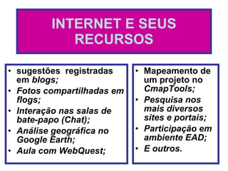 INTERNET E SEUS RECURSOS sugestões  registradas em  blogs; Fotos compartilhadas em flogs; Interação nas salas de bate-papo (Chat); Análise geográfica no Google Earth; Aula com WebQuest; Mapeamento de um projeto no  CmapTools; Pesquisa nos mais diversos sites e portais; Participação em ambiente EAD; E outros. 