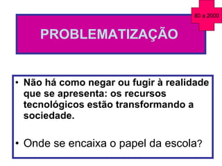 PROBLEMATIZAÇÃO   Não há como negar ou fugir à realidade que se apresenta: os recursos tecnológicos estão transformando a sociedade.   Onde se encaixa o papel da escola ? 80 a 2000 