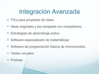Integración Avanzada
 TICs para proyectos de clase
 Ideas originales y las comparte con compañeros
 Estrategias de aprendizaje activo
 Software especializado de matemáticas
 Software de programación básica de micromundos
 Visitas virtuales
 Podcast
 