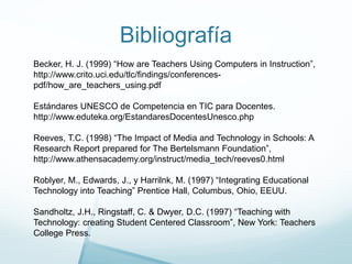 Bibliografía
Becker, H. J. (1999) “How are Teachers Using Computers in Instruction”,
http://www.crito.uci.edu/tlc/findings/conferences-
pdf/how_are_teachers_using.pdf
Estándares UNESCO de Competencia en TIC para Docentes.
http://www.eduteka.org/EstandaresDocentesUnesco.php
Reeves, T.C. (1998) “The Impact of Media and Technology in Schools: A
Research Report prepared for The Bertelsmann Foundation”,
http://www.athensacademy.org/instruct/media_tech/reeves0.html
Roblyer, M., Edwards, J., y Harrilnk, M. (1997) “Integrating Educational
Technology into Teaching” Prentice Hall, Columbus, Ohio, EEUU.
Sandholtz, J.H., Ringstaff, C. & Dwyer, D.C. (1997) “Teaching with
Technology: creating Student Centered Classroom”, New York: Teachers
College Press.
 