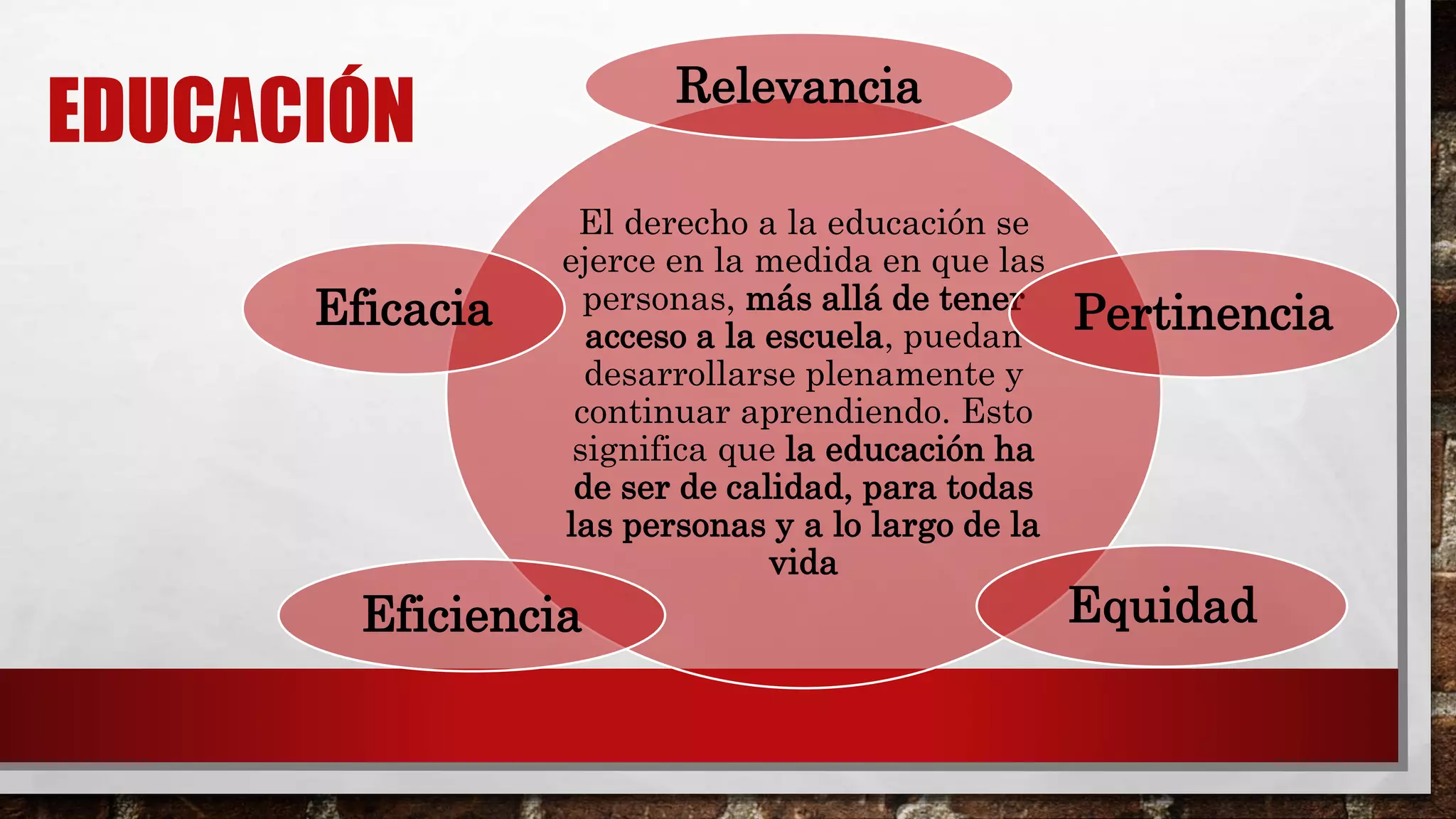 EDUCACIÓN
El derecho a la educación se
ejerce en la medida en que las
personas, más allá de tener
acceso a la escuela, puedan
desarrollarse plenamente y
continuar aprendiendo. Esto
significa que la educación ha
de ser de calidad, para todas
las personas y a lo largo de la
vida
Relevancia
Pertinencia
EquidadEficiencia
Eficacia
 