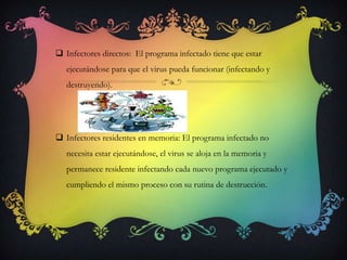  Infectores directos: El programa infectado tiene que estar
   ejecutándose para que el virus pueda funcionar (infectando y
   destruyendo).




 Infectores residentes en memoria: El programa infectado no
   necesita estar ejecutándose, el virus se aloja en la memoria y
   permanece residente infectando cada nuevo programa ejecutado y
   cumpliendo el mismo proceso con su rutina de destrucción.
 