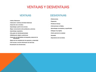 VENTAJAS Y DESVENTAJAS
VENTAJAS
- Interés. Motivación
- Interacción. Continúa actividad intelectual.
- Desarrollo de la iniciativa.
- Aprendizaje a partir de los errores
- Mayor comunicación entre profesores y alumnos
- Aprendizaje cooperativo.
- Alto grado de interdisciplinariedad.
- Alfabetización digital y audiovisual.
- Desarrollo de habilidades de búsqueda y selección de
información.
- Mejora de las competencias de expresión y creatividad.
- Fácil acceso a mucha información de todo tipo.
-Visualización de simulaciones.
DESVENTAJAS
- Distracciones.
- Dispersión.
- Pérdida de tiempo.
- Informaciones no fiables.
- Aprendizajes incompletos y superficiales.
- Diálogos muy rígidos.
- Visión parcial de la realidad.
- Ansiedad.
- Dependencia de los demás.
 