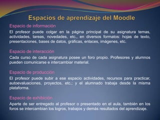 Espacio de información
El profesor puede colgar en la página principal de su asignatura temas,
actividades, tareas, novedades, etc., en diversos formatos: hojas de texto,
presentaciones, bases de datos, gráficas, enlaces, imágenes, etc.
Espacio de interacción
Cada curso de cada asignatura posee un foro propio. Profesores y alumnos
pueden comunicarse e intercambiar material.
Espacio de producción
El profesor puede subir a ese espacio actividades, recursos para practicar,
autoevaluaciones, proyectos, etc.; y el alumnado trabaja desde la misma
plataforma.
Espacio de exhibición
Aparte de ser entregado al profesor o presentado en el aula, también en los
foros se intercambian los logros, trabajos y demás resultados del aprendizaje.
 