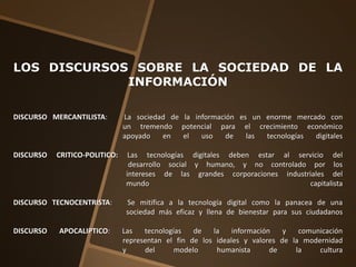 LOS DISCURSOS SOBRE LA SOCIEDAD DE LA
             INFORMACIÓN

DISCURSO MERCANTILISTA:        La sociedad de la información es un enorme mercado con
                               un tremendo potencial para el crecimiento económico
                               apoyado   en   el   uso    de   las tecnologías digitales

DISCURSO   CRITICO-POLITICO:     Las tecnologías digitales deben estar al servicio del
                                 desarrollo social y humano, y no controlado por los
                                intereses de las grandes corporaciones industriales del
                                mundo                                         capitalista

DISCURSO TECNOCENTRISTA:        Se mitifica a la tecnología digital como la panacea de una
                                sociedad más eficaz y llena de bienestar para sus ciudadanos

DISCURSO   APOCALIPTICO:       Las   tecnologías   de   la    información   y   comunicación
                               representan el fin de los ideales y valores de la modernidad
                               y     del      modelo     humanista       de    la    cultura
 