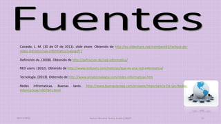 20/11/2015 Ramos Moreno Yuritzy Andrea 1RM7 12
Caicedo, L. M. (30 de 07 de 2011). slide share. Obtenido de http://es.slideshare.net/mimibest92/tarbajo-de-
redes-introduccion-informatica?related=1
Definición de. (2008). Obtenido de http://definicion.de/red-informatica/
RED users. (2012). Obtenido de http://www.redusers.com/noticias/que-es-una-red-informatica/
Tecnología. (2013). Obtenido de http://www.areatecnologia.com/redes-informaticas.htm
Redes infromaticas. Buenas tares. http://www.buenastareas.com/ensayos/Importancia-De-Las-Redes-
Informaticas/4307841.html
 