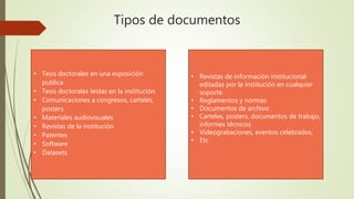 Tipos de documentos
• Tesis doctorales en una exposición
publica
• Tesis doctorales leídas en la institución
• Comunicaciones a congresos, carteles,
posters
• Materiales audiovisuales
• Revistas de la institución
• Patentes
• Software
• Datasets
• Revistas de información institucional
editadas por la institución en cualquier
soporte
• Reglamentos y normas
• Documentos de archivo
• Carteles, posters, documentos de trabajo,
informes técnicos
• Videograbaciones, eventos celebrados,
• Etc
 