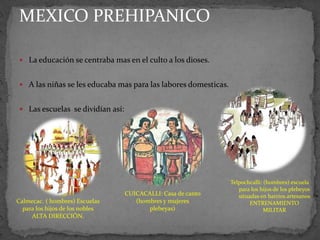 MEXICO PREHIPANICO

  La educación se centraba mas en el culto a los dioses.


  A las niñas se les educaba mas para las labores domesticas.


  Las escuelas se dividían así:




                                                                 Telpochcalli: (hombres) escuela
                                                                    para los hijos de los plebeyos
                                   CUICACALLI: Casa de canto        situadas en barrios artesanos
Calmecac. ( hombres) Escuelas         (hombres y mujeres                 ENTRENAMIENTO
  para los hijos de los nobles            plebeyas)                            MILITAR
     ALTA DIRECCIÓN.
 