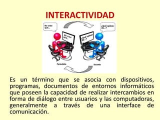 INTERACTIVIDAD 
Es un término que se asocia con dispositivos, programas, documentos de entornos informáticos que poseen la capacidad de realizar intercambios en forma de diálogo entre usuarios y las computadoras, generalmente a través de una interface de comunicación.  