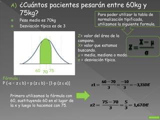 A) ¿Cuántos pacientes pesarán entre 60kg y
75kg?
 Peso medio es 70kg
 Desviación típica es de 3
7060 75
Fórmula :
P (-a ˂ z ≤ b) = p (z ≤ b) – [1-p (z ≤ a)]
Para poder utilizar la tabla de
normalización tipificada,
utilizamos la siguiente formula.
Z= valor del área de la
campana.
X= valor que estamos
buscando.
µ = media, mediana o moda.
σ = desviación típica.
Primero utilizamos la fórmula con
60, sustituyendo 60 en el lugar de
la x y luego lo hacemos con 75.
 