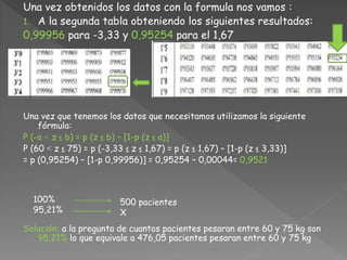 Una vez obtenidos los datos con la formula nos vamos :
1. A la segunda tabla obteniendo los siguientes resultados:
0,99956 para -3,33 y 0,95254 para el 1,67
Una vez que tenemos los datos que necesitamos utilizamos la siguiente
fórmula:
P (-a ˂ z ≤ b) = p (z ≤ b) – [1-p (z ≤ a)]
P (60 ˂ z ≤ 75) = p (-3,33 ≤ z ≤ 1,67) = p (z ≤ 1,67) – [1-p (z ≤ 3,33)]
= p (0,95254) – [1-p 0,99956)] = 0,95254 – 0,00044= 0,9521
Solución: a la pregunta de cuantos pacientes pesaran entre 60 y 75 kg son
95,21% lo que equivale a 476,05 pacientes pesaran entre 60 y 75 kg
100%
95,21%
500 pacientes
X
 