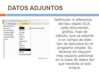 DATOS ADJUNTOS
Definición: A diferencia
del tipo objeto OLE,
cada documento,
grafico, hoja de
cálculo, que se adjunte
a un campo de este
tipo se ejecutara en el
programa creado. Su
alcance sin requerir
más espacio adicional
en la base de datos del
que necesita el solo
enlace.
 