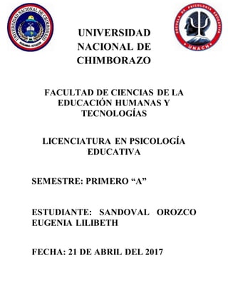 UNIVERSIDAD
NACIONAL DE
CHIMBORAZO
FACULTAD DE CIENCIAS DE LA
EDUCACIÓN HUMANAS Y
TECNOLOGÍAS
LICENCIATURA EN PSICOLOGÍA
EDUCATIVA
SEMESTRE: PRIMERO “A”
ESTUDIANTE: SANDOVAL OROZCO
EUGENIA LILIBETH
FECHA: 21 DE ABRIL DEL 2017
 