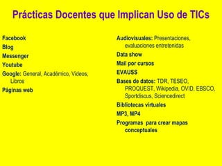 Prácticas Docentes que Implican Uso de TICs Facebook Blog Messenger Youtube Google:  General, Académico, Videos, Libros Páginas web Audiovisuales:  Presentaciones, evaluaciones entretenidas Data show Mail por cursos EVAUSS Bases de datos:  TDR, TESEO, PROQUEST, Wikipedia, OVID, EBSCO, Sportdiscus, Sciencedirect Bibliotecas virtuales MP3, MP4 Programas  para crear mapas conceptuales 