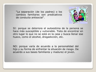 “La separación (de los padres) o los
cambios familiares son predicativos
de conducta antisocial".
SI: porque se deteriora el autoestima de la persona se
hace más susceptible y vulnerable. Trata de encontrar en
otro lugar lo que no se está en la casa y busca llenar ese
hueco, como el alcohol, drogadicción, etc.
NO: porque varía de acuerdo a la personalidad del
hijo y su forma de enfrentar la situación de riesgo. De
acuerdo a sus bases familiares y madurez el joven.
