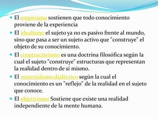 El empirismo sostienen que todo conocimiento proviene de la experienciaEl idealismo el sujeto ya no es pasivo frente al mundo, sino que pasa a ser un sujeto activo que "construye" el objeto de su conocimiento.El constructivismo es una doctrina filosófica según la cual el sujeto "construye" estructuras que representan la realidad dentro de sí mismo.El materialismo dialéctico según la cual el conocimiento es un "reflejo" de la realidad en el sujeto que conoce.El objetivismo Sostiene que existe una realidad independiente de la mente humana.