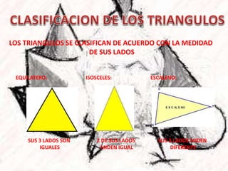 LOS TRIANGULOS SE CLASIFICAN DE ACUERDO CON LA MEDIDAD
DE SUS LADOS
EQUILATERO: ISOSCELES: ESCALENO:
SUS 3 LADOS SON
IGUALES
2 DE SUS LADOS
MIDEN IGUAL
SUS 3 LADOS MIDEN
DIFERENTE
 