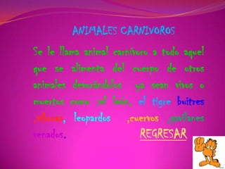 ANIMALES CARNIVOROS
Se le llama animal carnívoro a todo aquel
que se alimenta del cuerpo de otros
animales devorándolos ya sean vivos o
muertos como :el león, el tigre buitres
,víboras, leopardos ,cuervos ,gavilanes
venados. REGRESAR
 