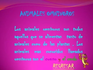 ANIMALES OMNIVOROS
Los animales omnívoros son todos
aquellos que se alimentan tanto de
animales como de las plantas . Los
animales mas conocidos llamados
omnívoros son el cuervo y el cerdo
REGRESAR.
 