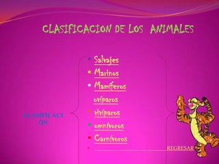 CLASIFICACION DE LOS ANIMALES
CLASIFICACI
ÓN
• Salvajes
• Marinos
• Mamíferos
ovíparos
• vivíparos
• omnívoros
• Carnívoros
• REGRESAR
 