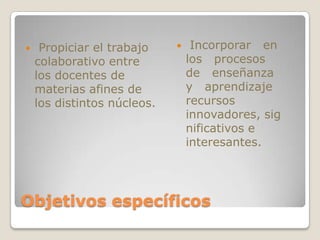     Propiciar el trabajo        Incorporar en
    colaborativo entre           los procesos
    los docentes de              de enseñanza
    materias afines de           y aprendizaje
    los distintos núcleos.       recursos
                                 innovadores, sig
                                 nificativos e
                                 interesantes.




Objetivos específicos
 