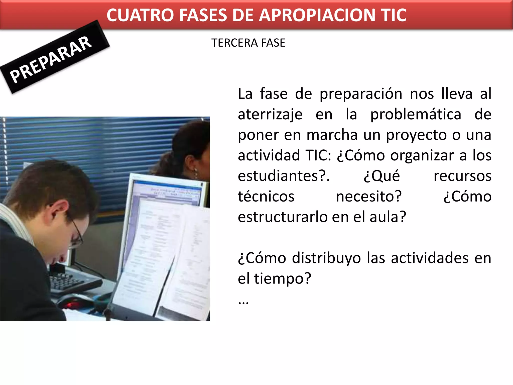 CUATRO FASES DE APROPIACION TICTERCERA FASEPREPARARLa fase de preparación nos lleva al aterrizaje en la problemática de poner en marcha un proyecto o una actividad TIC: ¿Cómo organizar a los estudiantes?. ¿Qué recursos técnicos necesito? ¿Cómo estructurarlo en el aula?¿Cómo distribuyo las actividades en el tiempo?…