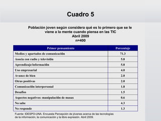 Cuadro 5 Población joven según considera qué es lo primero que se le  viene a la mente cuando piensa en las TIC Abril 2009 n=400 Fuente: IDESPO-UNA. Encuesta Percepción de jóvenes acerca de las tecnologías  de la información, la comunicación y la libre expresión. Abril 2009. Primer pensamiento Porcentaje Medios y apartados de comunicaci ó n 71.3 Asocia con radio y televisi ó n 5.8 Aprendizaje/informaci ó n 5.8 Uso empresarial 4.0 Avance de bien 2.0 Otras positivas 2.0 Comunicaci ó n interpersonal 1.8 Desaf í os 1.5 Aspectos negativos: manipulaci ó n de masas 0.6 No sabe 4.3 No responde 1.3 