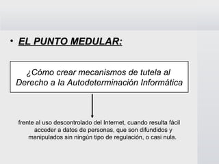 EL PUNTO MEDULAR: frente al uso descontrolado del Internet, cuando resulta fácil acceder a datos de personas, que son difundidos y manipulados sin ningún tipo de regulación, o casi nula.  ¿Cómo crear mecanismos de tutela al  Derecho a Ia Autodeterminación Informática 