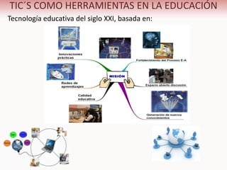 TIC´S COMO HERRAMIENTAS EN LA EDUCACIÓN
Tecnología educativa del siglo XXI, basada en:
 