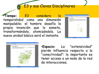 E3 y sus Claves Disciplinares Tiempo:  E3 considera la temporalidad como una dimensión manipulable; el hombre desafía la propia invención que lo somete, transformándola, atomizándola. La nueva unidad básica será el instante.  Espacio:  La "extensividad" pierde influencia respecto a la “conectividad": lo importante es tener acceso a un nodo de la red de interacciones.  
