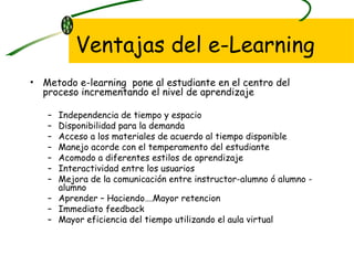 Ventajas del e-Learning Metodo e-learning  pone al estudiante en el centro del proceso incrementando el nivel de aprendizaje Independencia de tiempo y espacio Disponibilidad para la demanda Acceso a los materiales de acuerdo al tiempo disponible Manejo acorde con el temperamento del estudiante Acomodo a diferentes estilos de aprendizaje Interactividad entre los usuarios Mejora de la comunicación entre instructor-alumno ó alumno - alumno Aprender – Haciendo….Mayor retencion Immediato feedback Mayor eficiencia del tiempo utilizando el aula virtual  
