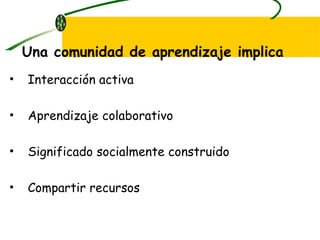 Interacción activa Aprendizaje colaborativo Significado socialmente construido  Compartir recursos Una comunidad de aprendizaje implica 