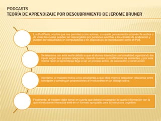 PODCASTS
TEORÍA DE APRENDIZAJE POR DESCUBRIMIENTO DE JEROME BRUNER



           Los PodCasts, son los que nos permiten como autores, compartir pensamientos a través de audios o
           de vídeo los cuales pueden ser descargados por personas suscritas a los canales de sindicación y
           pueden ser escuchados en computadoras o en dispositivos de reproducción como el iPod.




                 Se relaciona con esta teoría debido a que el alumno interactúa con la realidad organizando los
                 inputs según sus propias categorías, creando nuevas, o modificando las existentes, y por esta
                 misma razón el aprendizaje llega a ser un proceso activo, de asociación y construcción.




                 Asimismo, el maestro motiva a los estudiantes a que ellos mismos descubran relaciones entre
                 conceptos y construyan proposiciones al involucrarse en un diálogo activo.




           Finalmente, el maestro debe tomar en cuenta que deberá encargarse de que la información con la
           que el estudiante interactúa esté en un formato apropiado para su estructura cognitiva.
 