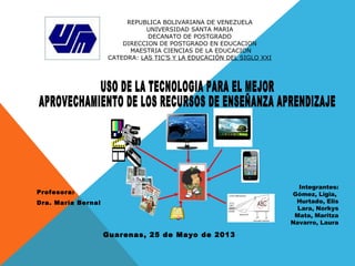 REPUBLICA BOLIVARIANA DE VENEZUELA
UNIVERSIDAD SANTA MARIA
DECANATO DE POSTGRADO
DIRECCION DE POSTGRADO EN EDUCACION
MAESTRIA CIENCIAS DE LA EDUCACION
CATEDRA: LAS TIC’S Y LA EDUCACIÓN DEL SIGLO XXI
Integrantes:
Gómez, Ligia,
Hurtado, Elis
Lara, Norkys
Mata, Maritza
Navarro, Laura
Guarenas, 25 de Mayo de 2013
Profesora:
Dra. María Bernal
 